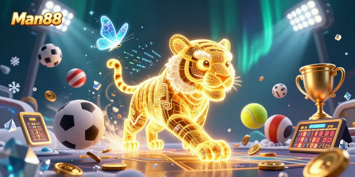 Engage with Man88's dynamic gaming experience featuring a neon golden tiger in a vibrant casino