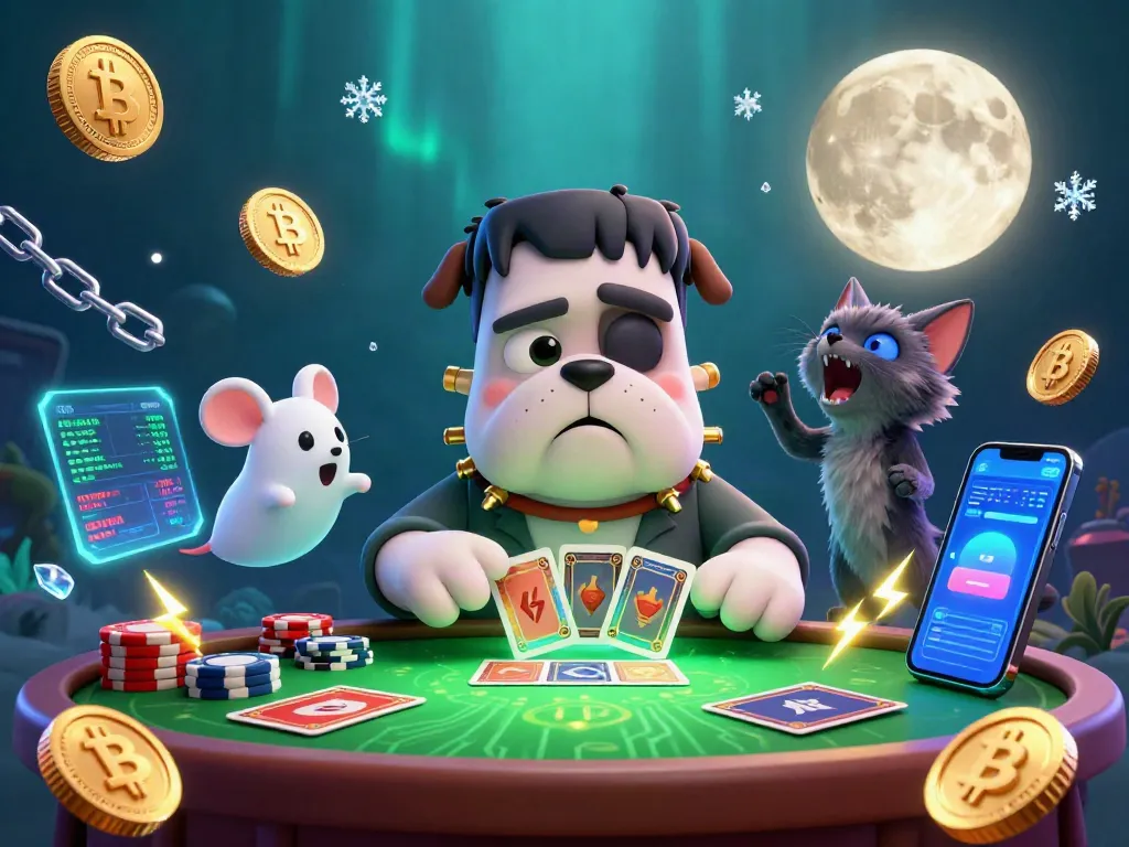 Engage with a lively scene of udenlandsk casino uden ROFUS featuring a Frankenstein bulldog and friends.