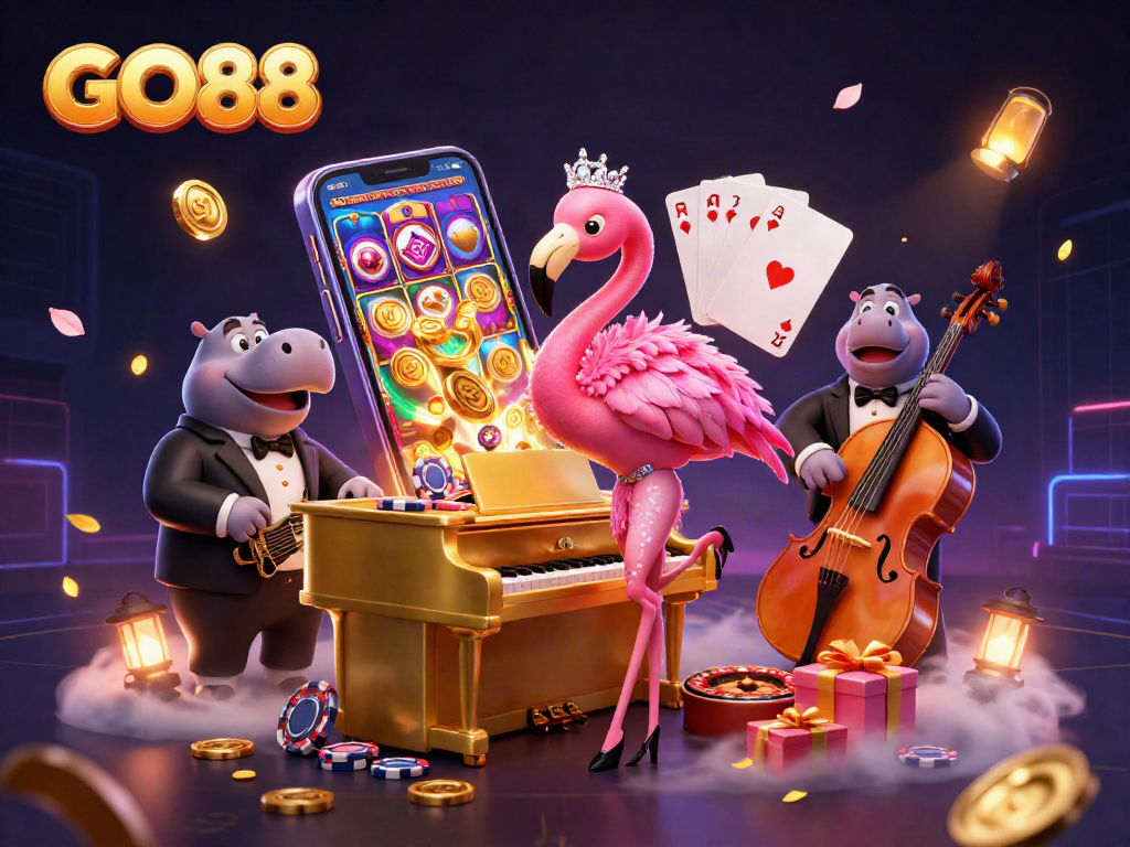 Experience GO88 with vibrant games and colorful elements in a bustling casino scene.
