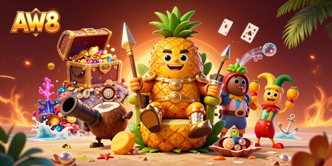 AW8 casino-themed scene with a pineapple king, coconut guards, and a jester amidst treasure and vibrant visuals.