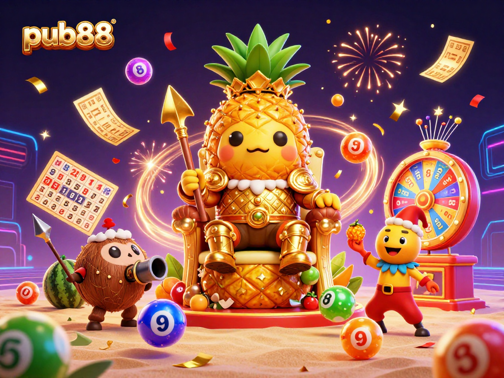 Experience the thrill of pub88 with a vibrant casino-themed illustration featuring a pineapple king.