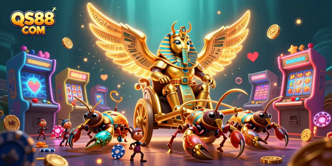 Engage with exciting games at QS88 COM with 3D golden scarab characters and casino elements.