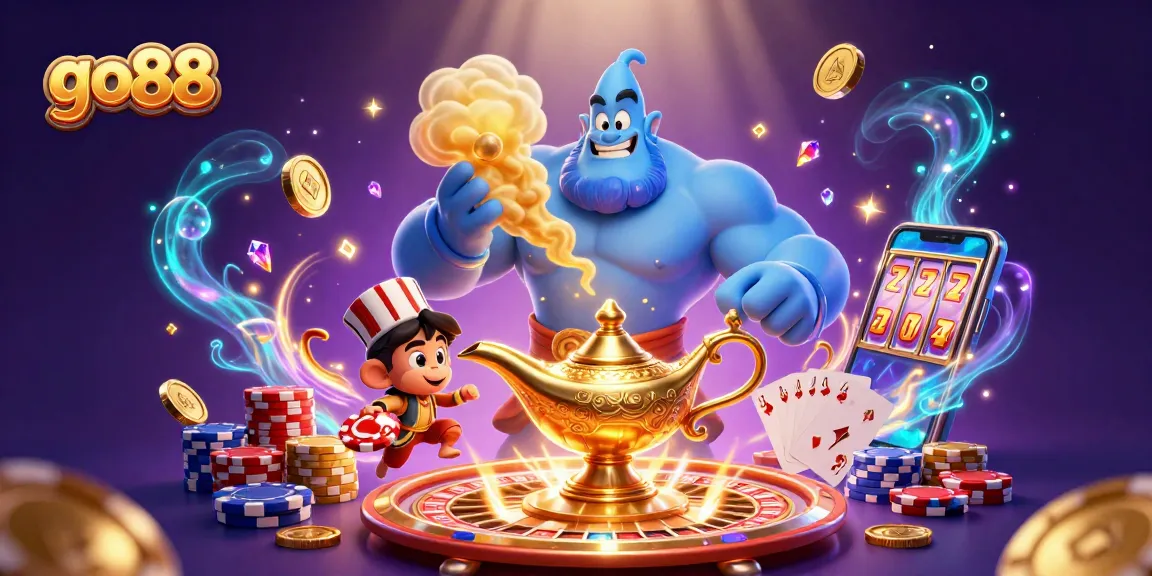 Experience go88 casino action with the genie unveiling treasures in this vibrant scene.