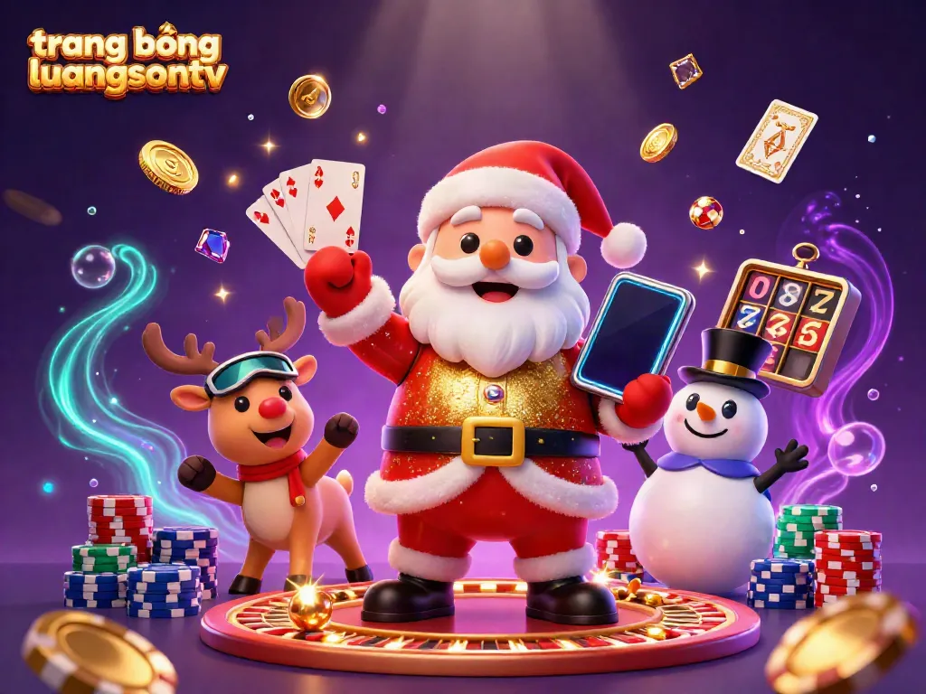 Experience the excitement of trang bóng luongsontv with cartoon Santa and friends at a lively casino scene, overflowing with games and treasures.