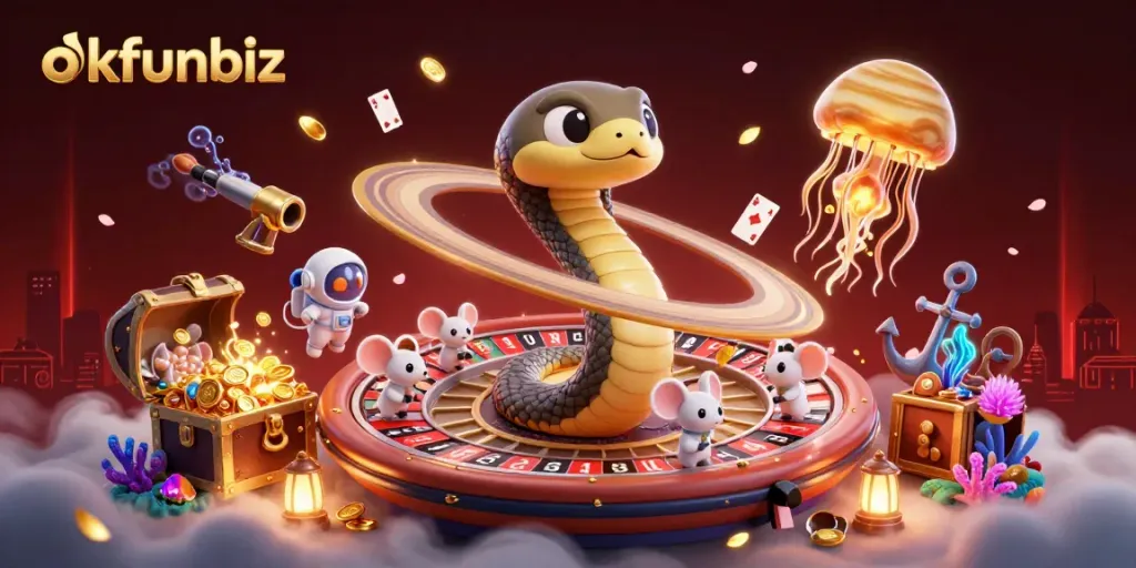 Engage in cosmic gambling with okfunbiz featuring a Saturn snake roulette scene and astronaut mice betting.
