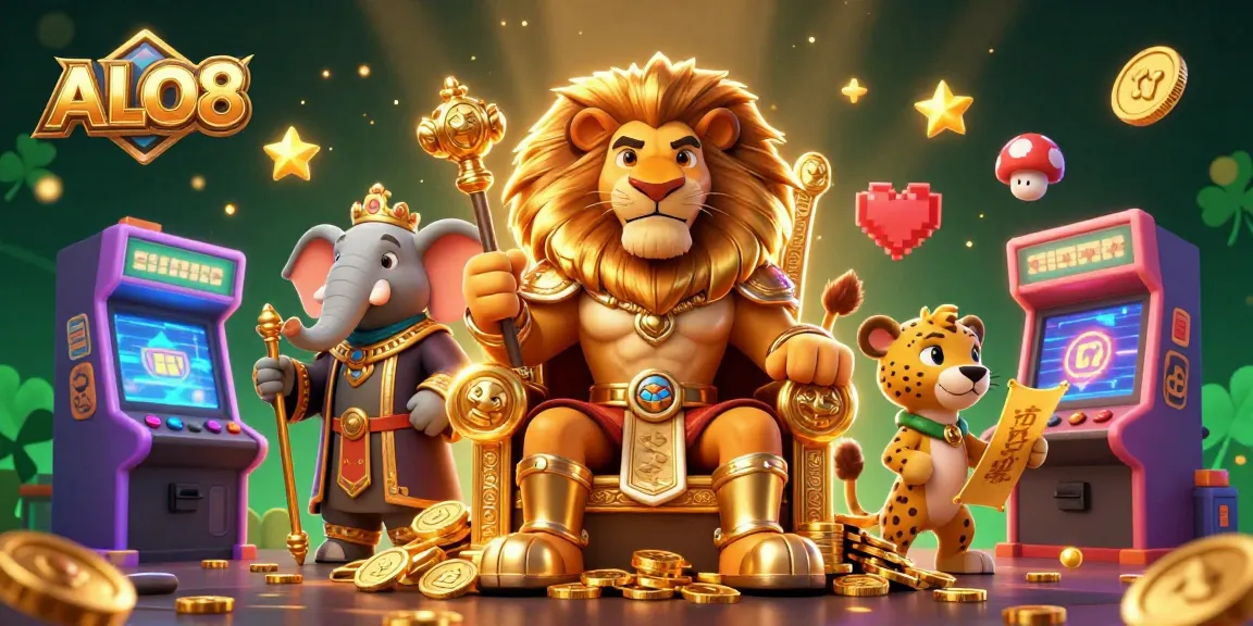 Engage with ALO8 and enjoy vibrant casino fun illustrated with a lion king and lively gaming elements.
