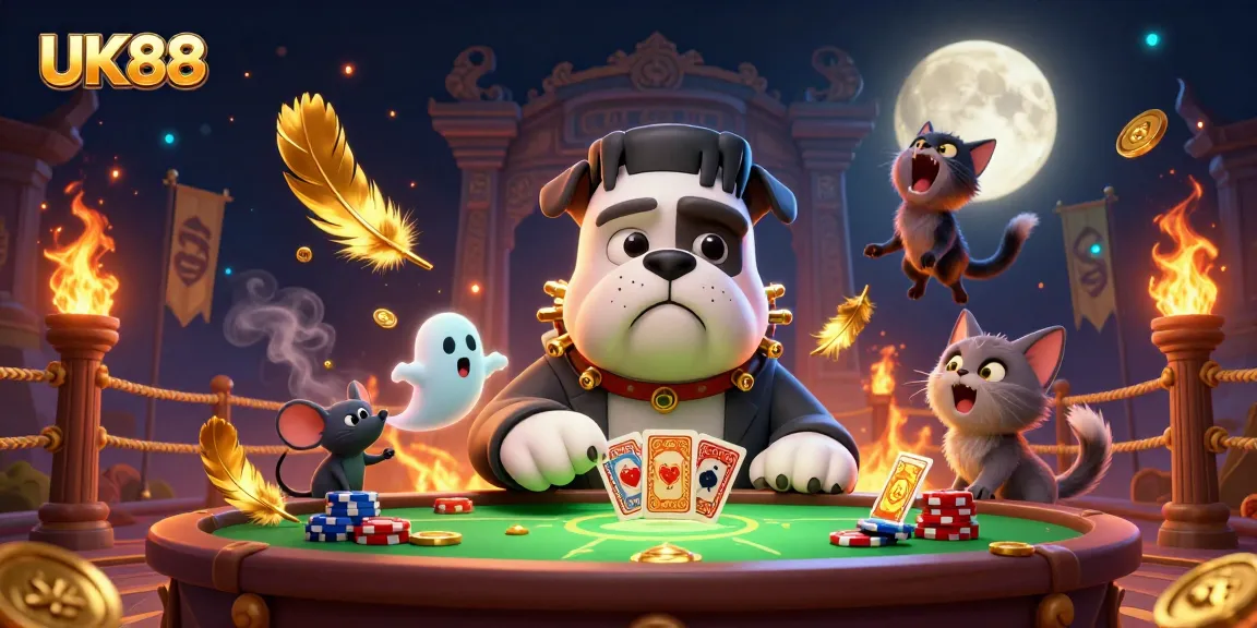 Engage with UK88 at a lively gambling table hosted by a whimsical bulldog dealer.