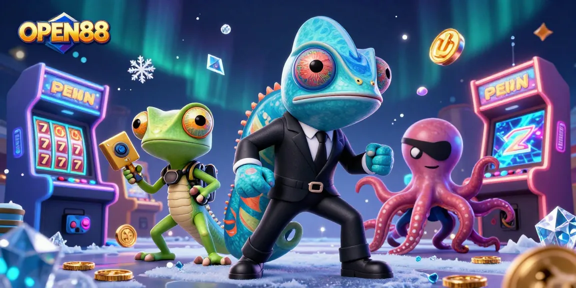 Join the colorful 3D casino adventure with OPEN88 featuring agents and arcade game elements.