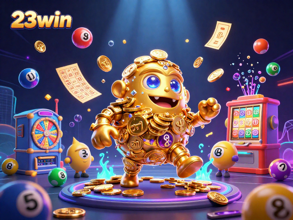 Engage with 23win's exciting 3D casino illustration featuring a golden golem and dynamic gaming elements.