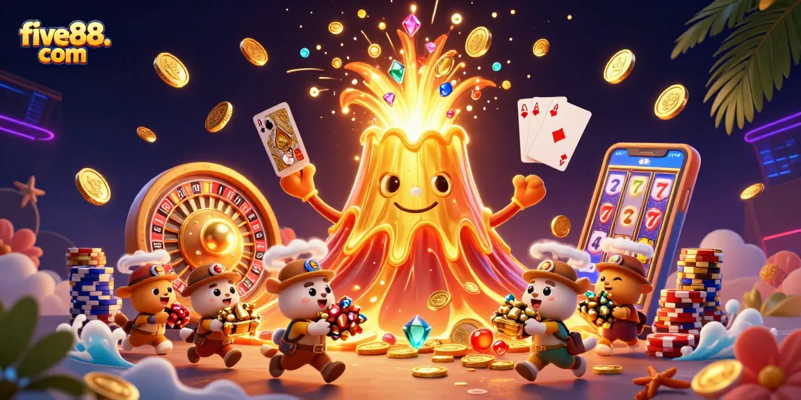 Experience excitement with five88. com in this dazzling eruption of coins and treasures in a vibrant casino setting.