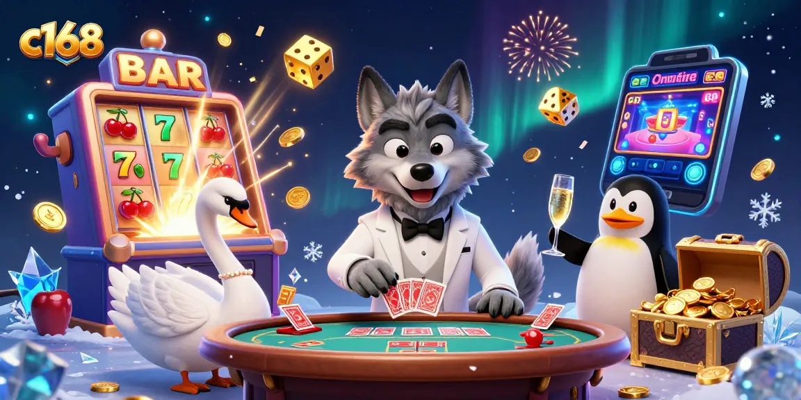 Experience thrilling casino action with c168 in this vibrant 3D illustration featuring a wolf, swan, and penguin!