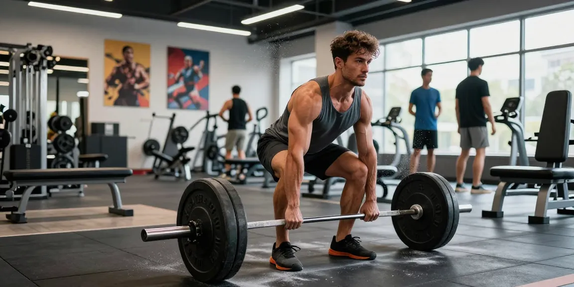 Een krachtige training bij de Prime Pharma Steroïden Winkel, met een man die deadlifts doet in een moderne sportschool.