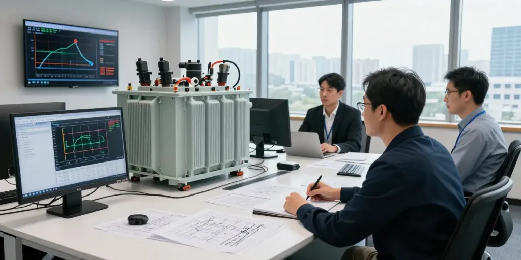 Gedetailleerd overzicht van de transformer vector groep in een moderne engineeringruimte met technici die samenwerken.