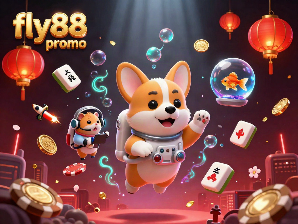 Join the fly88 promo adventure in a vibrant space casino with a floating corgi and glimmering treasures.