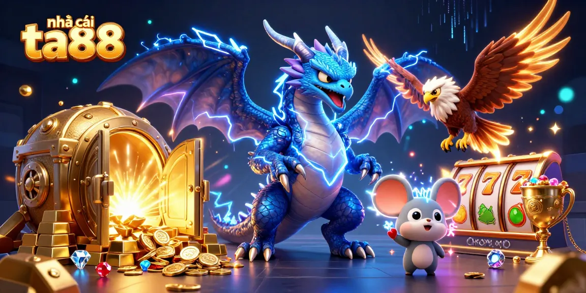Bet on big wins with nhà cái ta88 showcasing a thunder dragon and vibrant casino treasures.