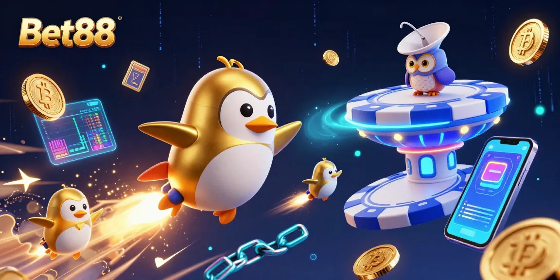 Experience excitement with Bet88 as a golden penguin zooms toward a casino in space.