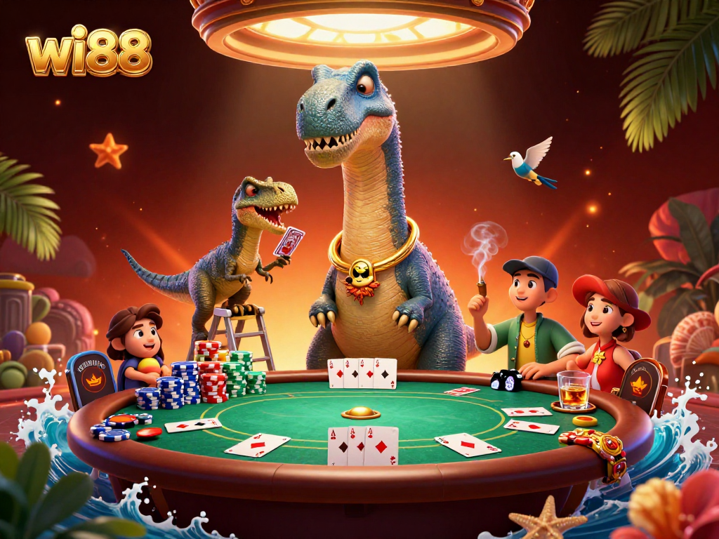 Experience the excitement at wi88 as a brontosaurus towers over a poker table, with card games and vibrant casino elements.