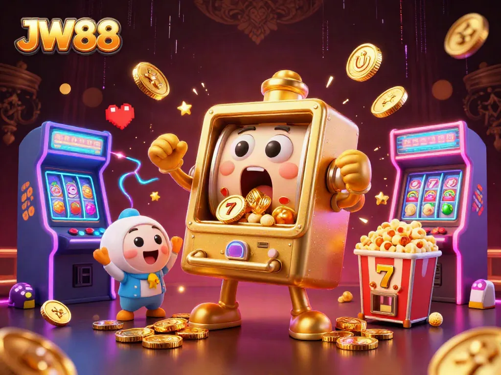 Engage with JW88's lively slots scene as cartoon slot machines celebrate a big win!