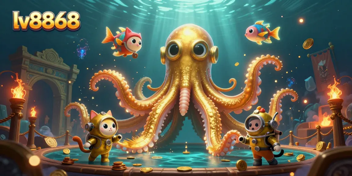 Experience thrilling underwater adventures with lv8868 in a dynamic online casino scene with a kraken and diving cat.