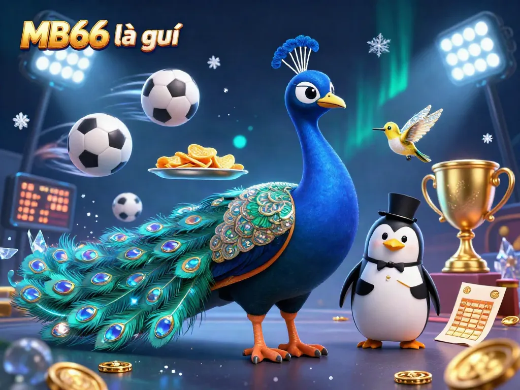 Engage with MB66 là gì, featuring a vibrant peacock and penguin in an exciting casino setting.