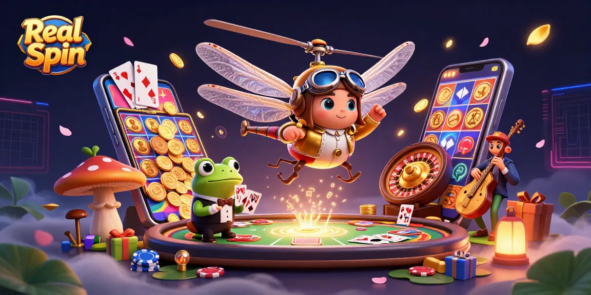 Spel bij Real Spin met een unieke 3D casino-illustratie van een kikker croupier en een vliegende libelle.