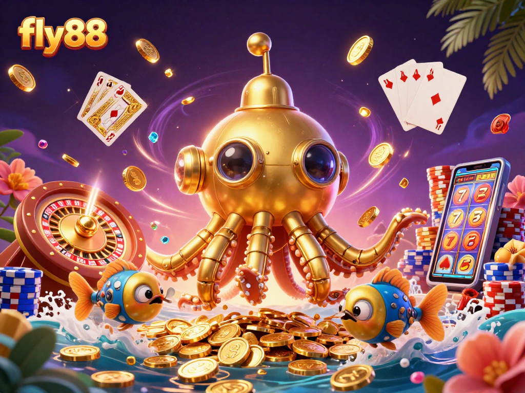 Engage with fly88's thrilling casino experience featuring a golden kraken and vibrant game elements.