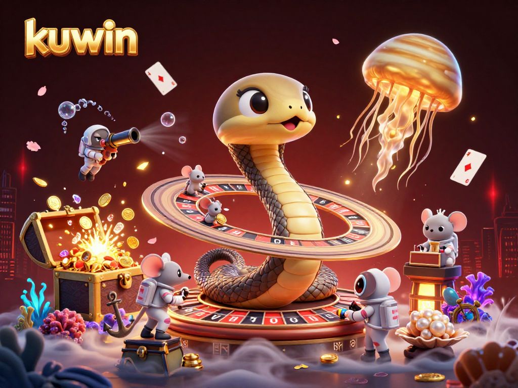Experience thrilling gameplay at kuwin with a vibrant cosmic-themed casino scene featuring a roulette wheel and betting mice.