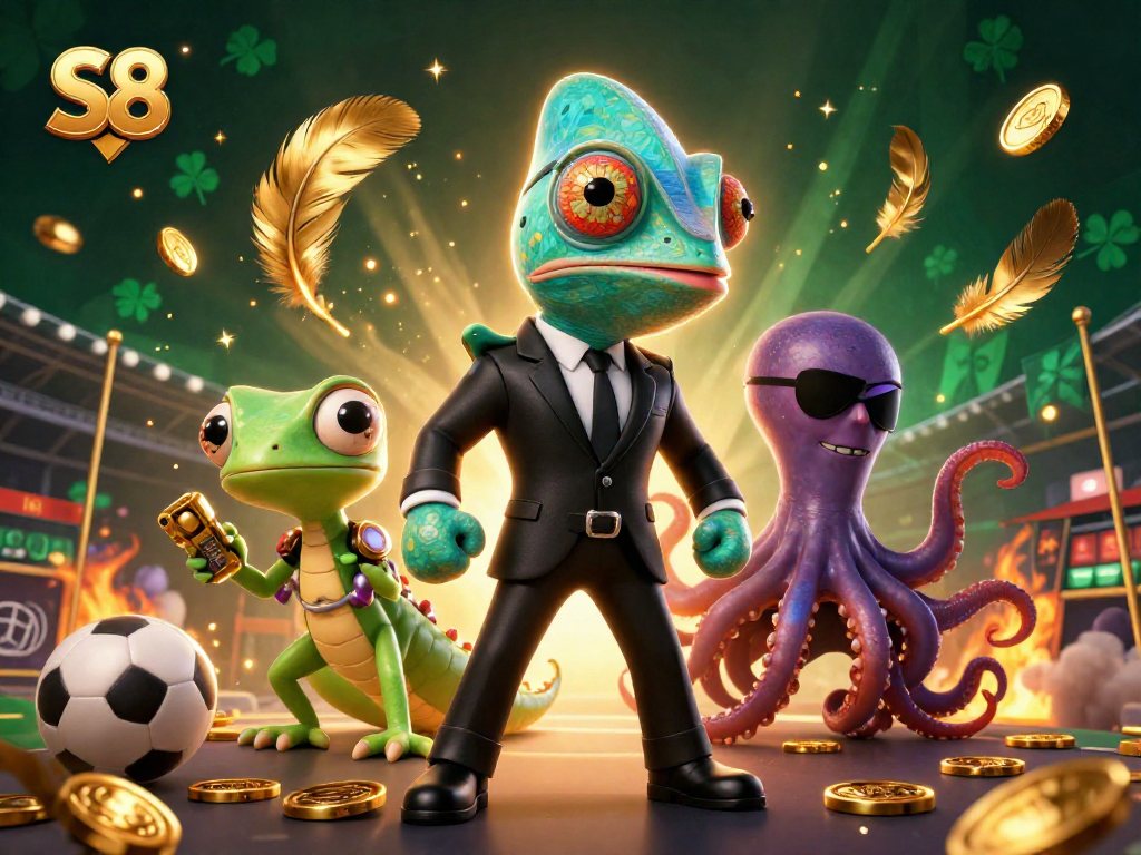 S8 sports betting illustration featuring a chameleon secret agent and tech gecko amidst dynamic game elements.