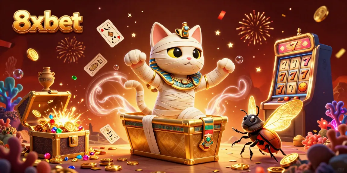 Engage with 8xbet as the Egyptian mummy cat bursts from a golden sarcophagus in this thrilling casino scene.