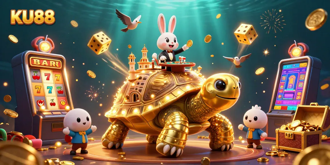 Experience the excitement of KU88 as a golden tortoise and rabbit dealer reveal jackpots and games in a vibrant casino scene.