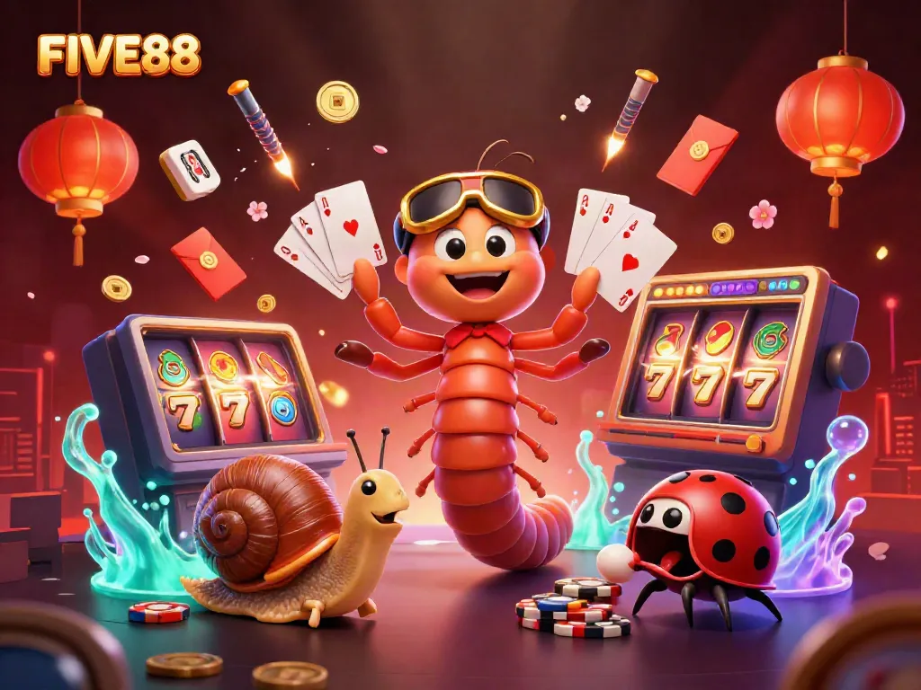 Engage with the vibrant casino scene at FIVE88 featuring dynamic characters and colorful elements.