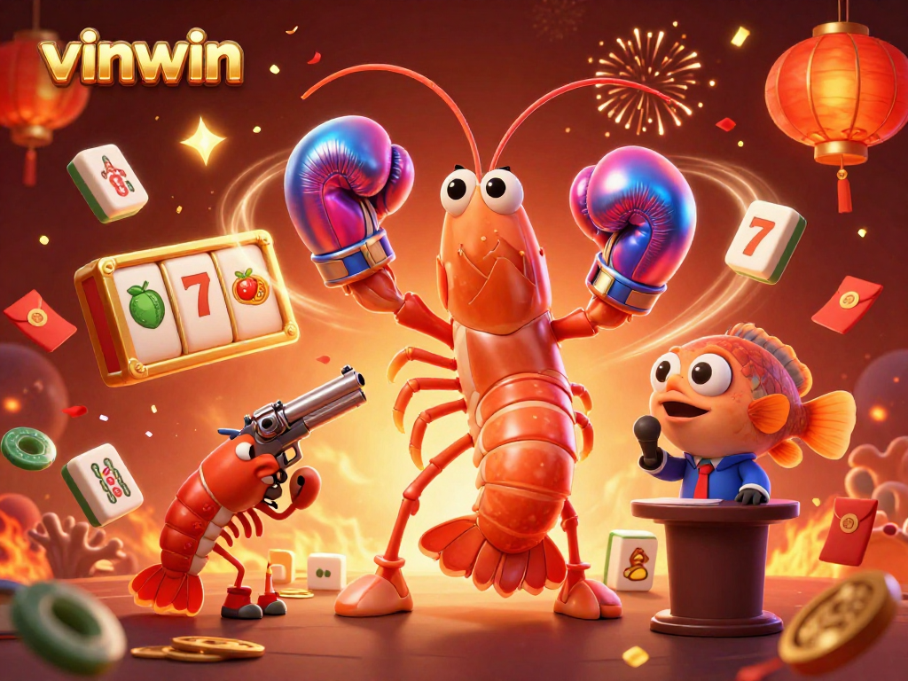 Engage with vinwin's immersive gaming experience featuring vibrant shrimp characters in a festive casino scene.