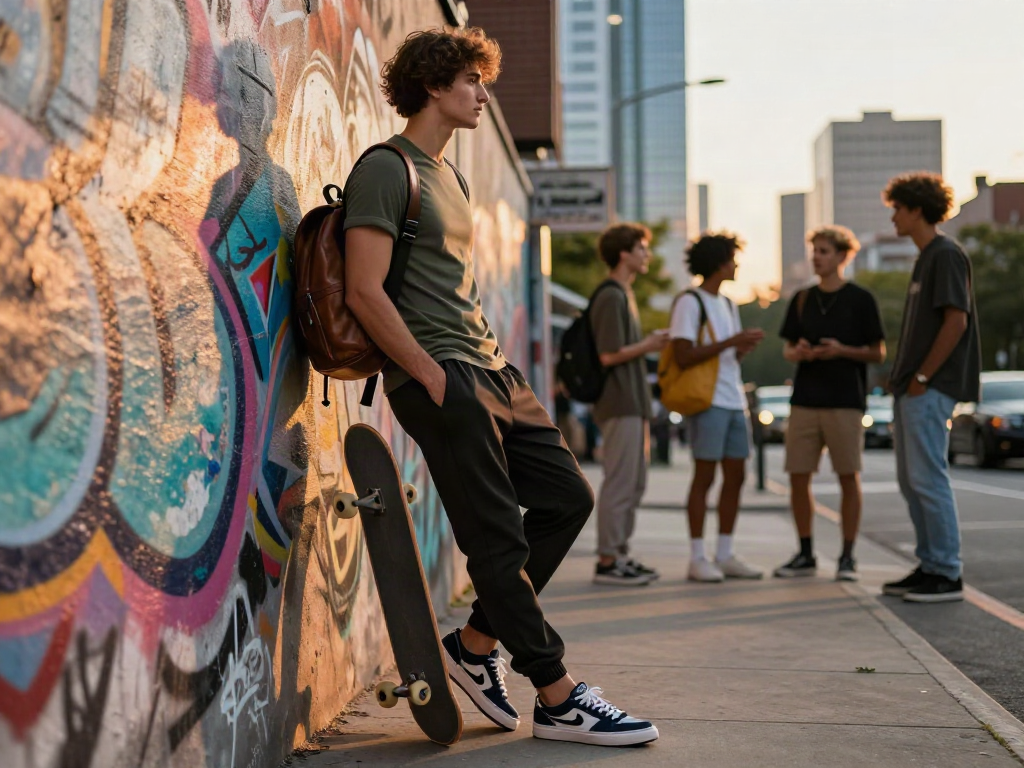 Stijlvolle man in herenkleding met een casual outfit leunend tegen een graffiti muur in de stad.