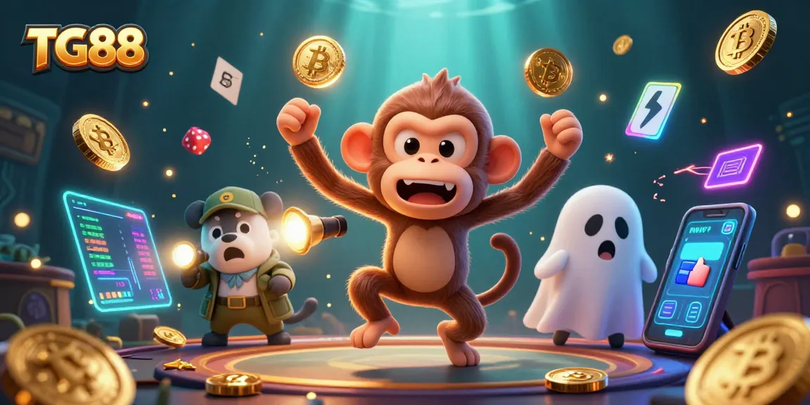 Experience the excitement of TG88 casino with dynamic gaming elements and characters in a vibrant 3D illustration.