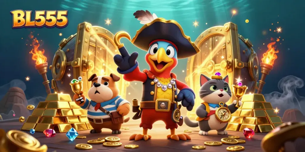 Enjoy lively gaming at BL555 with animated 3D characters amidst treasure and vibrant casino elements!