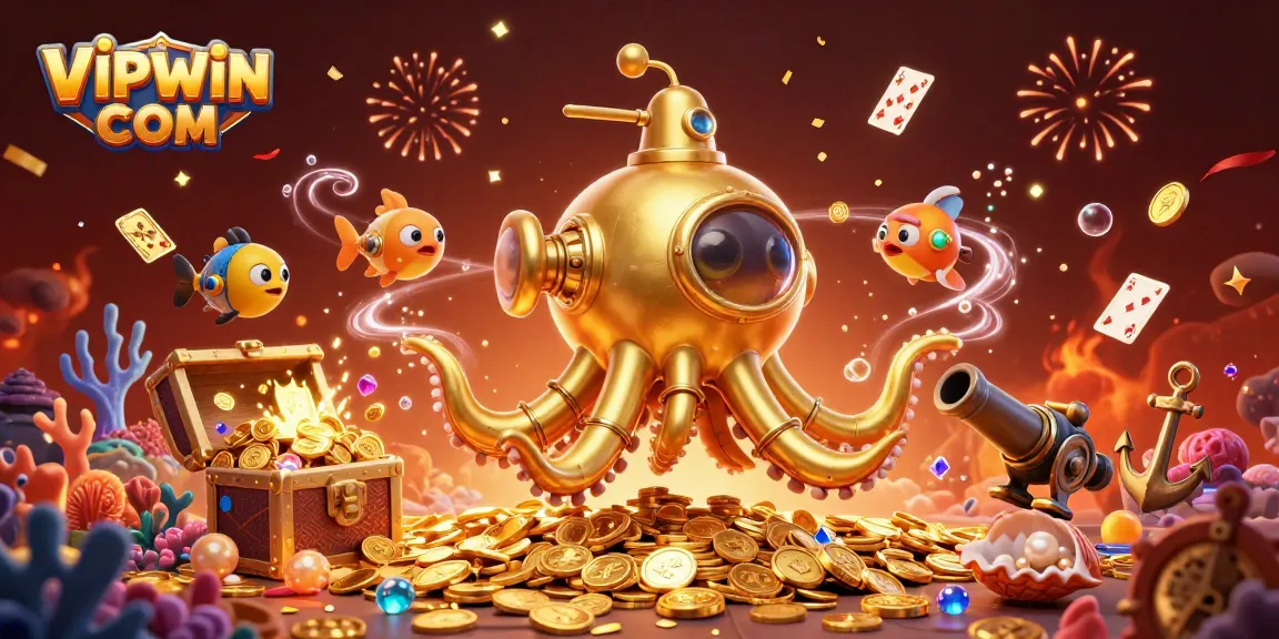 Experience big wins at VIPWIN COM with the golden kraken in a vibrant casino underwater scene.