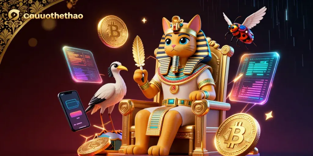 Cacuocthethao showcases a vibrant pharaoh-themed illustration integrating sports betting elements and cryptocurrencies.