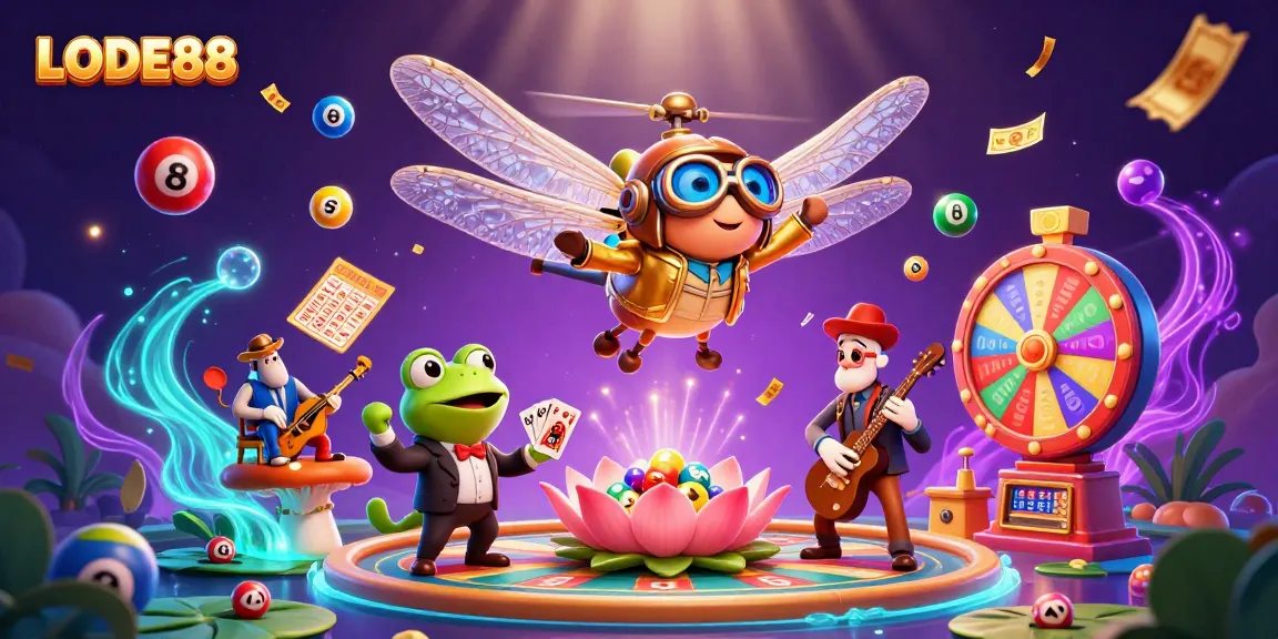 Engage with LODE88's dynamic lottery action featuring vibrant characters and casino elements.