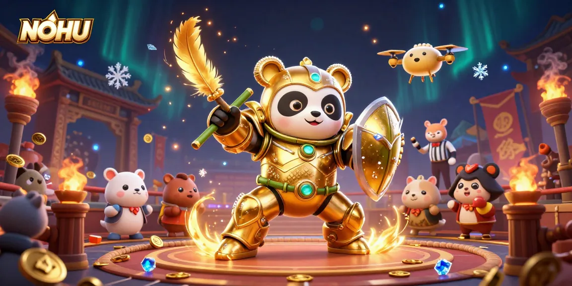 Experience thrilling battles in the NOHU casino with a mech-suit panda and golden drone referee.
