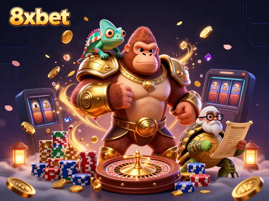 Experience the thrill of 8xbet with a dynamic casino scene featuring a gorilla king, chameleon, and tortoise elder.