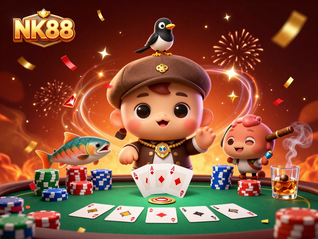 Engage with NK88's vibrant casino scene featuring playful characters and poker elements.