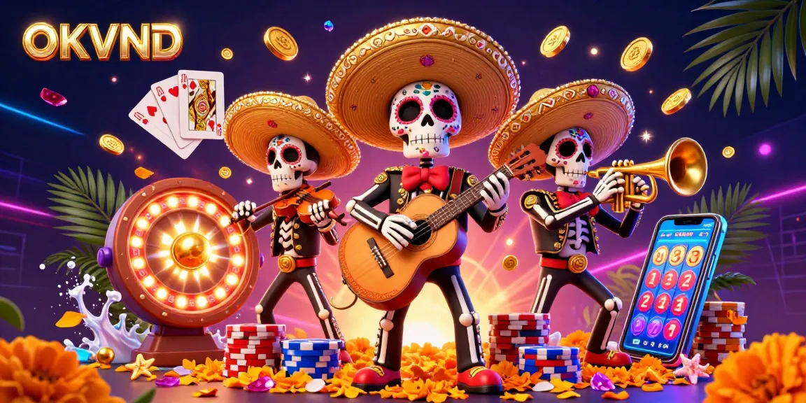 Play and win with OKVND while enjoying a colorful mariachi-themed casino scene featuring vibrant gambling elements.