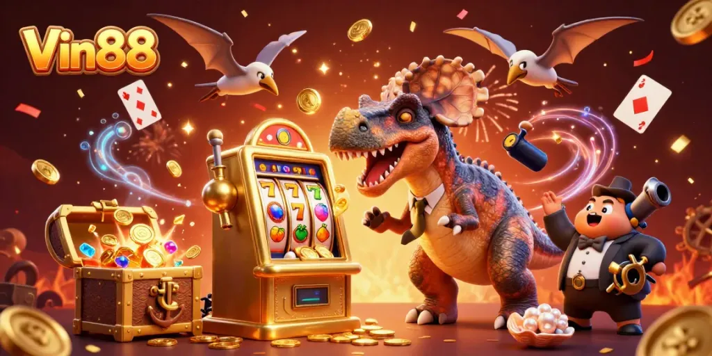 Experience thrilling jackpot action with Vin88 as prehistoric creatures celebrate wins in a vibrant casino.
