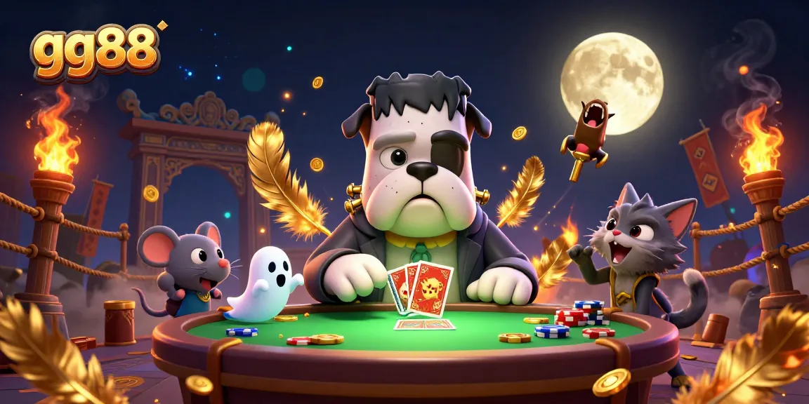 Engage with the thrill of gg88 as a cartoon bulldog deals cards surrounded by enchanting casino elements.