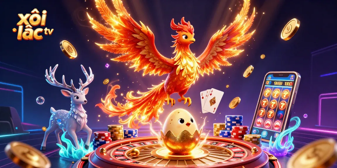 Xôi Lạc TV showcases a vibrant scene of a phoenix and stag amidst a dynamic casino atmosphere with golden coins and roulette.