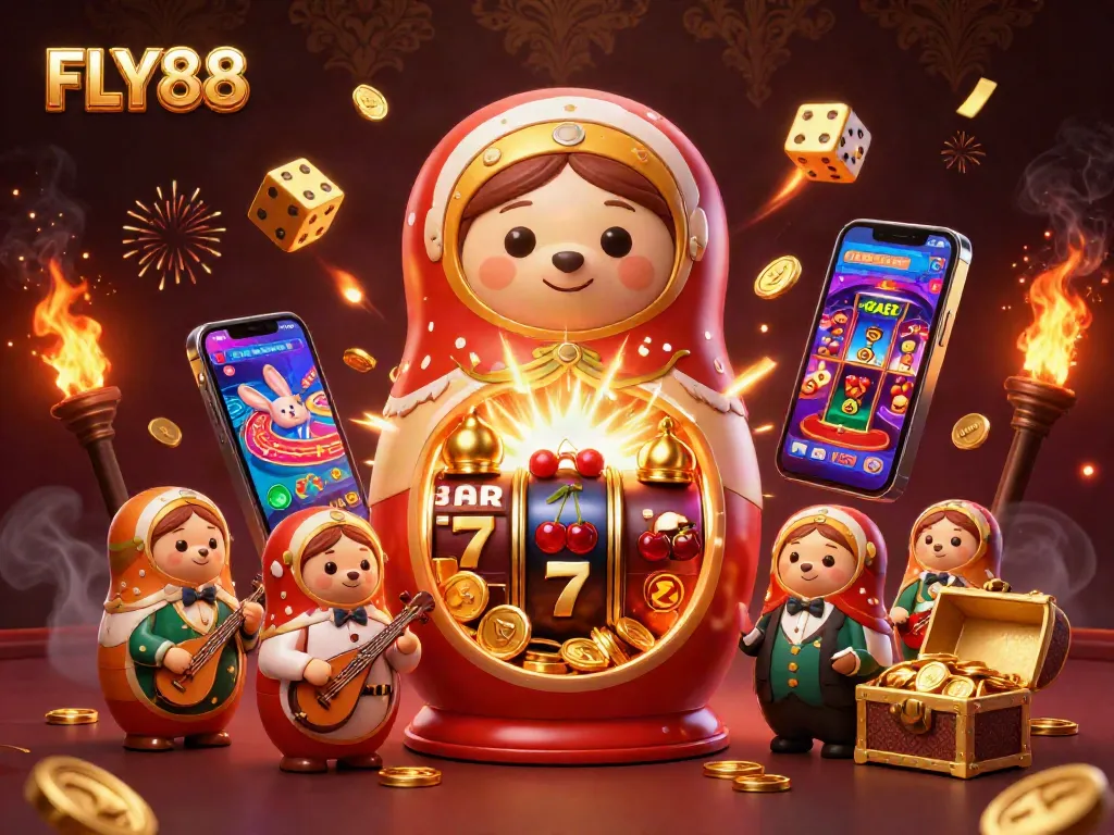 FLY88 showcases an epic casino scene featuring colorful slots and animated characters.