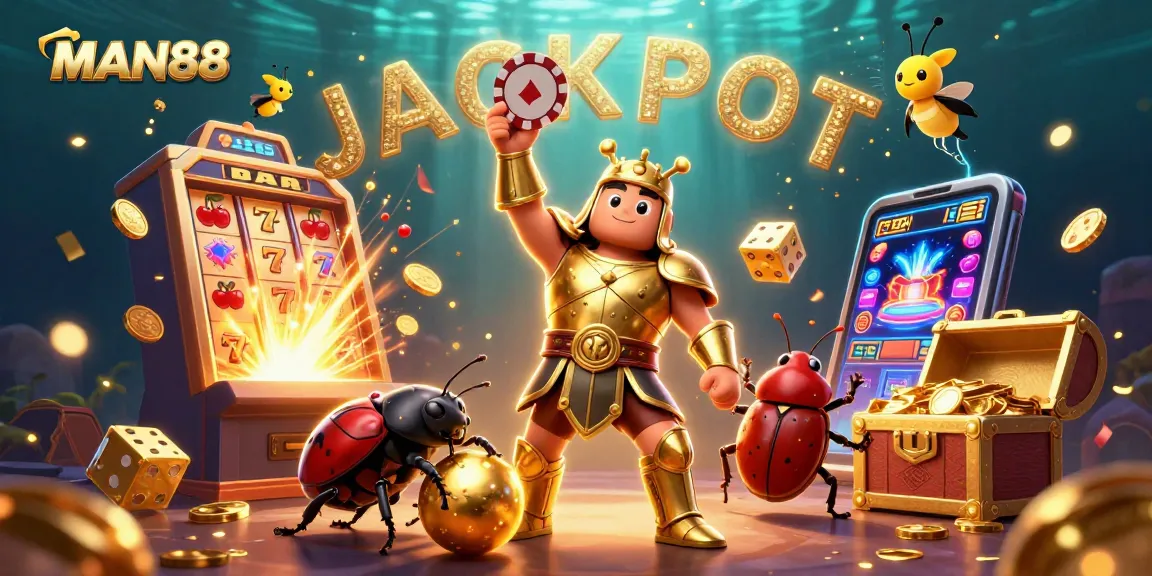 MAN88's victorious hercules beetle celebrates beside a jackpot explosion, symbolizing online betting excitement.