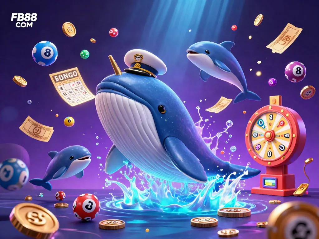 Join the excitement at FB88 COM with a lively underwater casino scene featuring a whale, narwhal, and dolphins enjoying games.