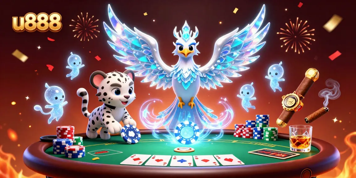 Experience the thrill of the u888 casino with a dynamic poker scene featuring an ice phoenix and snow leopard.