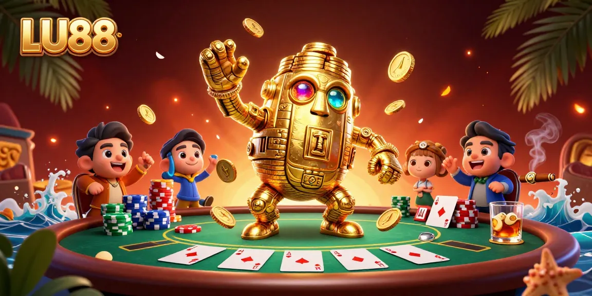 Engage your luck with LU88, featuring a dynamic casino scene with poker elements.